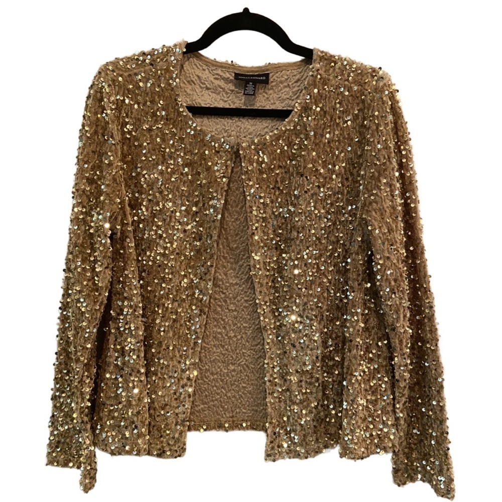 Nina Leonard Sequin Mesh Bolero Jacket Gold M New